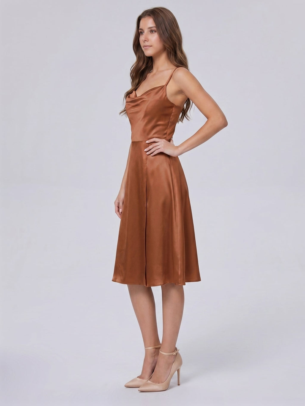 Terracotta Satin A-Line Cowl Neck Backless Knee-Length Bridesmaid Dress - Curvevia