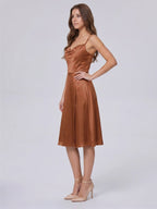 Terracotta Satin A-Line Cowl Neck Backless Knee-Length Bridesmaid Dress - Curvevia