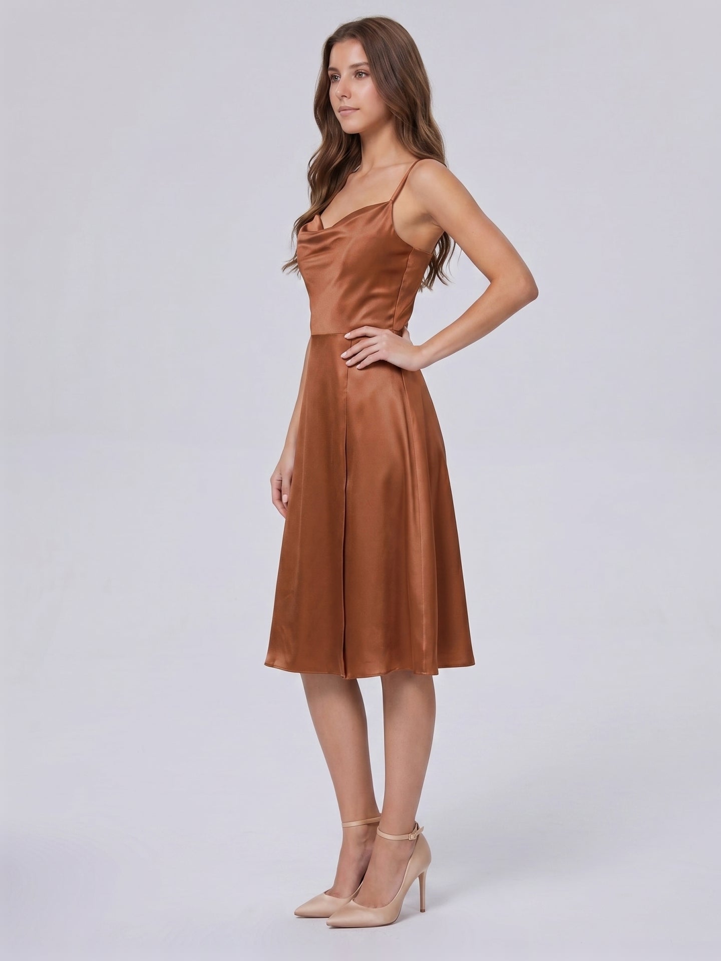 Terracotta Satin A-Line Cowl Neck Backless Knee-Length Bridesmaid Dress - Curvevia