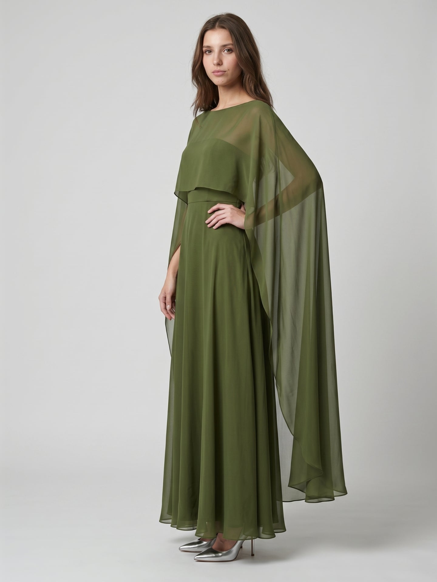 Olive Green Chiffon A-Line Straight Neck Illusion Back Floor-Length Bridesmaid Dress with Cape - Curvevia