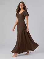 Mocha Chiffon A-Line V-Neck Keyhole Back Floor-Length Bridesmaid Dress - Curvevia