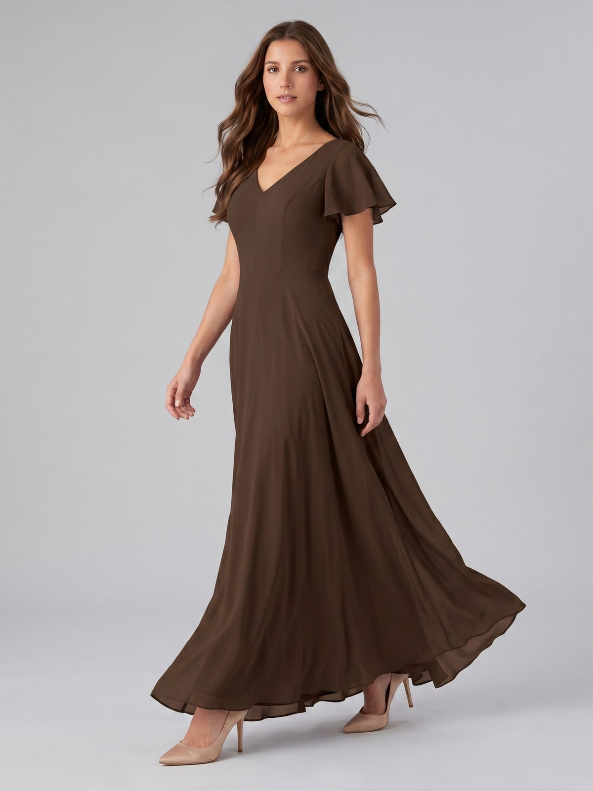 Mocha Chiffon A-Line V-Neck Keyhole Back Floor-Length Bridesmaid Dress - Curvevia