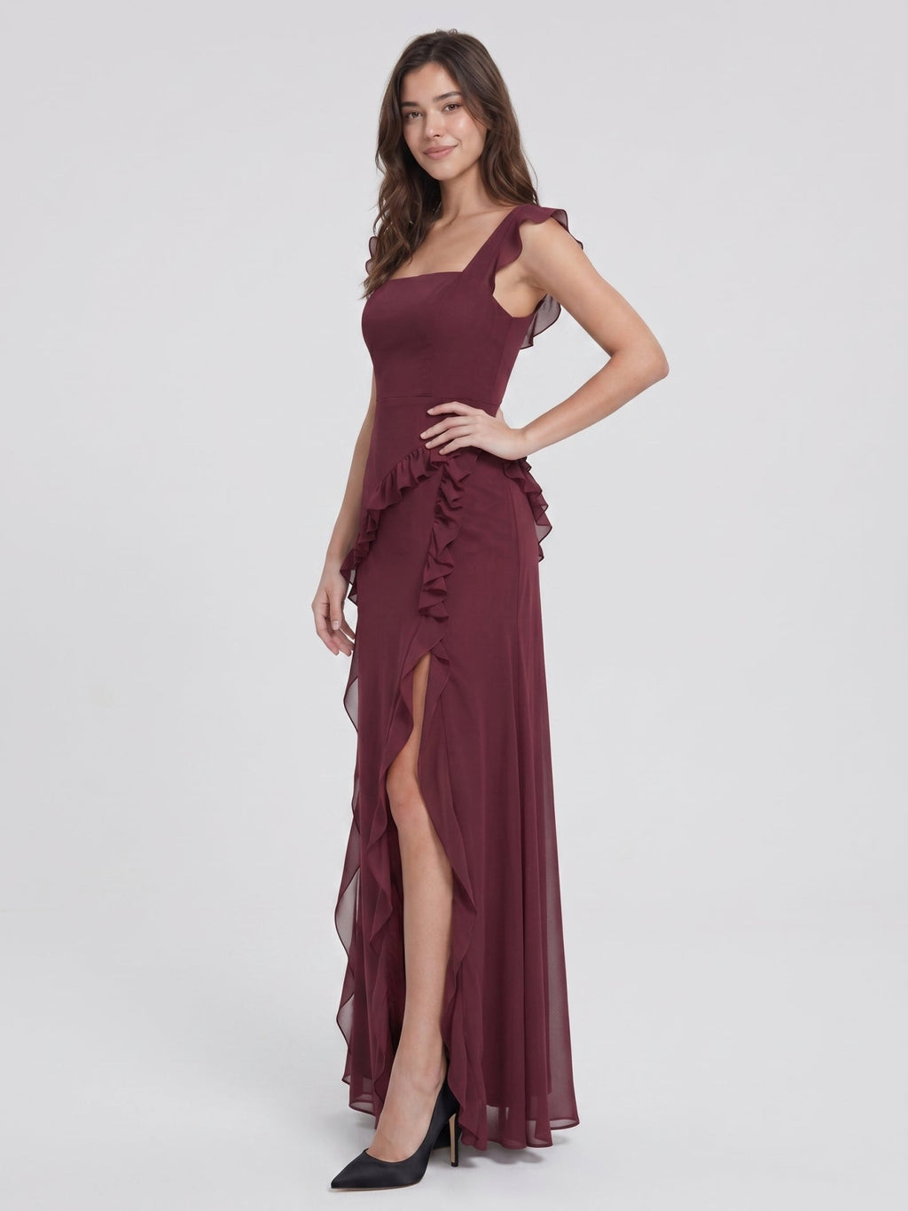 Elegant Cabernet Chiffon A-Line Square Neck Back Zip Ruffle Ankle-Length Bridesmaid Dress - Curvevia