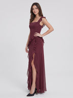 Elegant Cabernet Chiffon A-Line Square Neck Back Zip Ruffle Ankle-Length Bridesmaid Dress - Curvevia