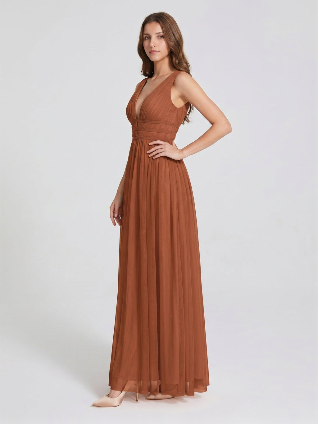 Terracotta Tulle A-Line V-Neck V-Back Floor-Length Pleated Bridesmaid Dress - Curvevia
