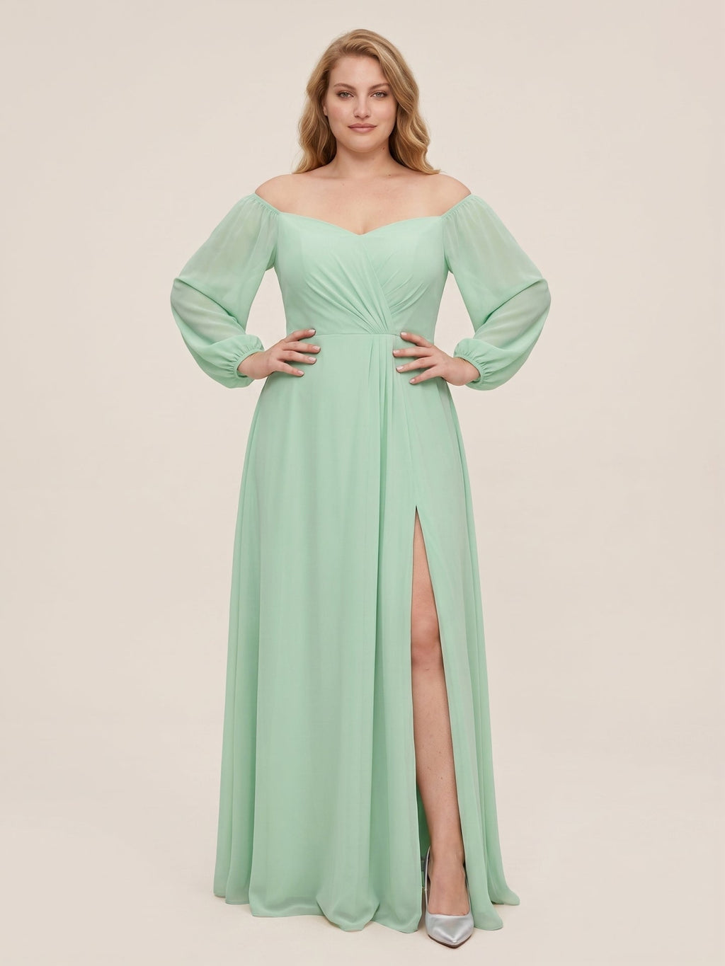 Modest Mint Green Chiffon A-Line Square Neck Back Zip Ankle-Length Bridesmaid Dress - Curvevia