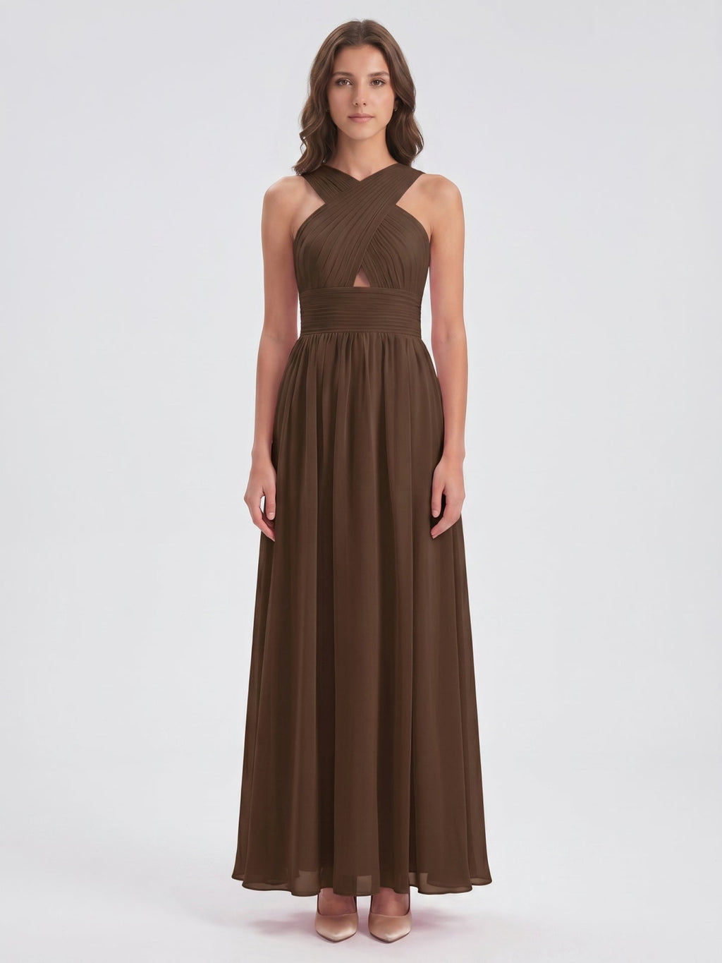 Mocha Chiffon A-Line Halter Backless Floor-Length Bridesmaid Dress - Curvevia