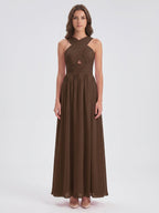 Mocha Chiffon A-Line Halter Backless Floor-Length Bridesmaid Dress - Curvevia