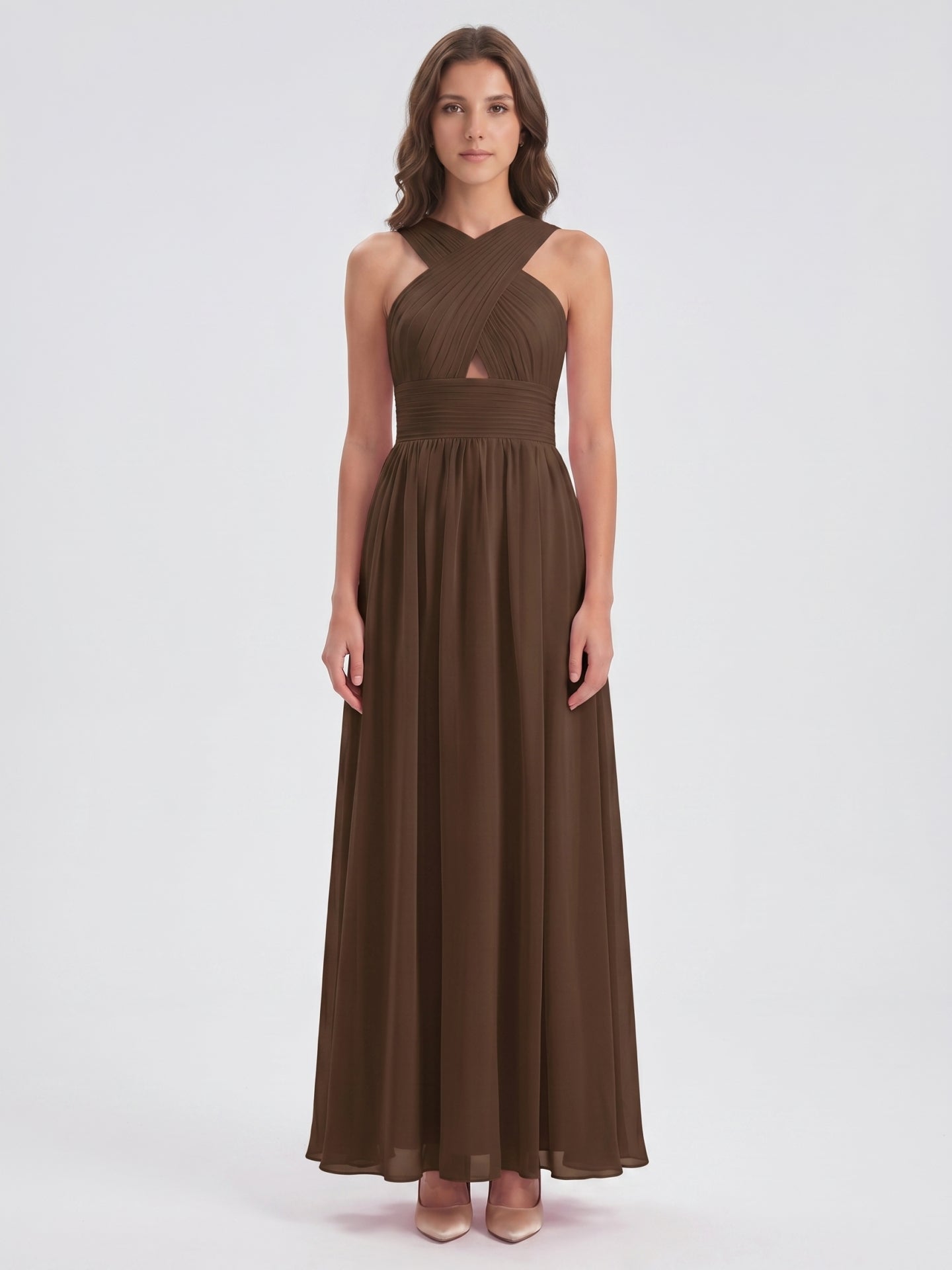 Mocha Chiffon A-Line Halter Backless Floor-Length Bridesmaid Dress - Curvevia