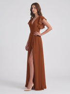 Terracotta Chiffon Sheath V-Neck Back Zip Floor-Length Ruffle Bridesmaid Dress - Curvevia