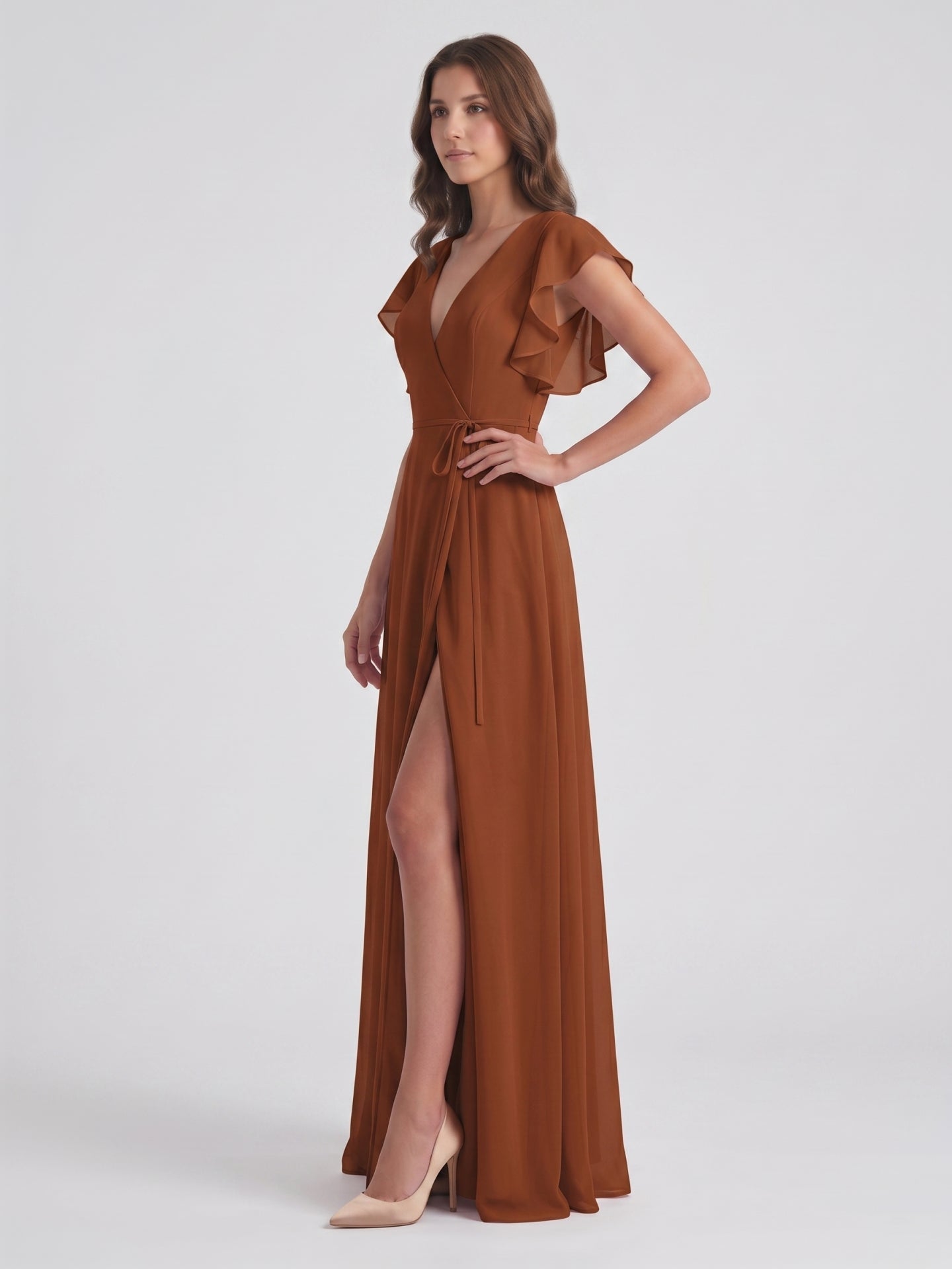 Terracotta Chiffon Sheath V-Neck Back Zip Floor-Length Ruffle Bridesmaid Dress - Curvevia