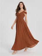 Terracotta Chiffon Empire Off-the-Shoulder V-Back Floor-Length Pleated Bridesmaid Dress - Curvevia