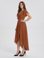Terracotta Chiffon A-Line V-Neck V-Back Asymmetrical Ruffle Bridesmaid Dress - Curvevia