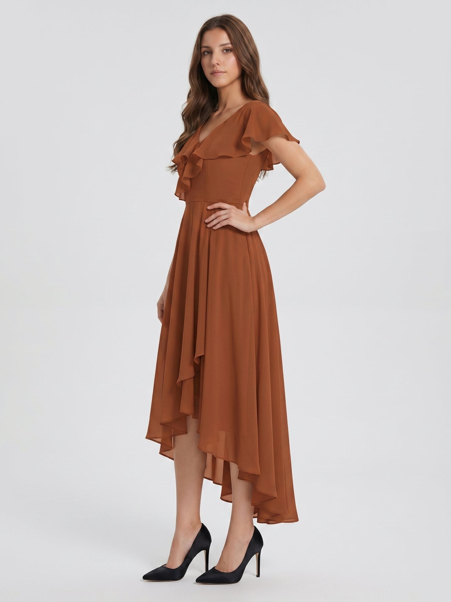 Terracotta Chiffon A-Line V-Neck V-Back Asymmetrical Ruffle Bridesmaid Dress - Curvevia
