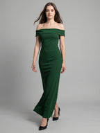 Emerald Stretch Knit Mermaid Off-the-Shoulder Backless Floor-Length Bridesmaid Dress - Curvevia