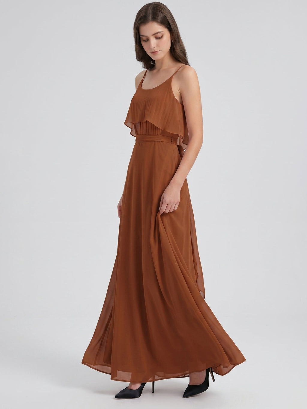 Terracotta Chiffon Sheath Scoop Neck Backless Floor-Length Bridesmaid Dress with Bow - Curvevia