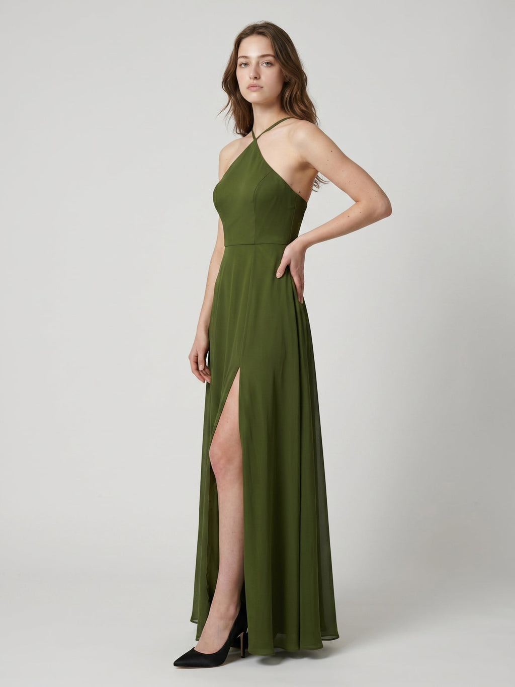 Olive Green Chiffon A-Line Halter Back Zip Floor-Length Bridesmaid Dress - Curvevia