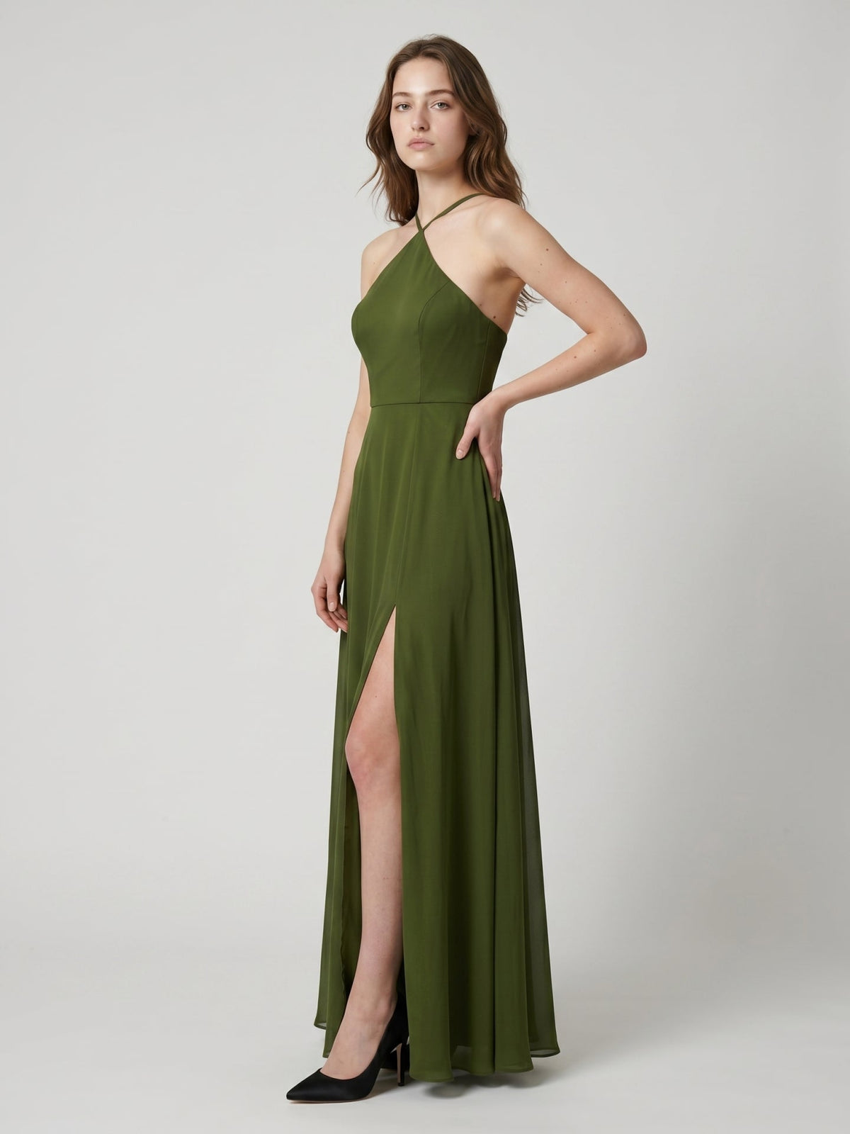 Olive Green Chiffon A-Line Halter Back Zip Floor-Length Bridesmaid Dress - Curvevia