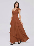 Terracotta Chiffon A-Line One Shoulder Backless Floor-Length Ruffle Bridesmaid Dress - Curvevia