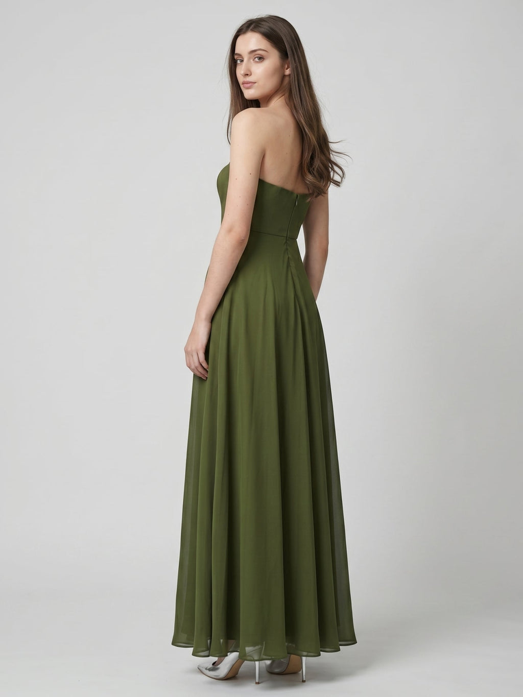 Olive Green Chiffon A-Line Off-the-Shoulder Backless Floor-Length Bridesmaid Dress - Curvevia