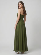 Olive Green Chiffon A-Line Off-the-Shoulder Backless Floor-Length Bridesmaid Dress - Curvevia