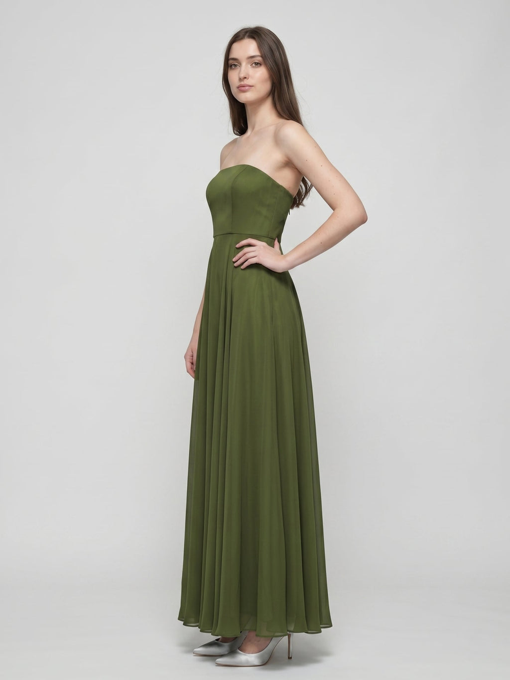 Olive Green Chiffon A-Line Off-the-Shoulder Backless Floor-Length Bridesmaid Dress - Curvevia