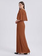 Terracotta Chiffon Mermaid Sweetheart Back Zip Floor-Length Bridesmaid Dress with Cape - Curvevia