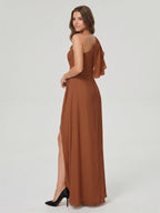 Terracotta Chiffon Sheath One Shoulder Back Zip Floor-Length Ruffle Bridesmaid Dress - Curvevia