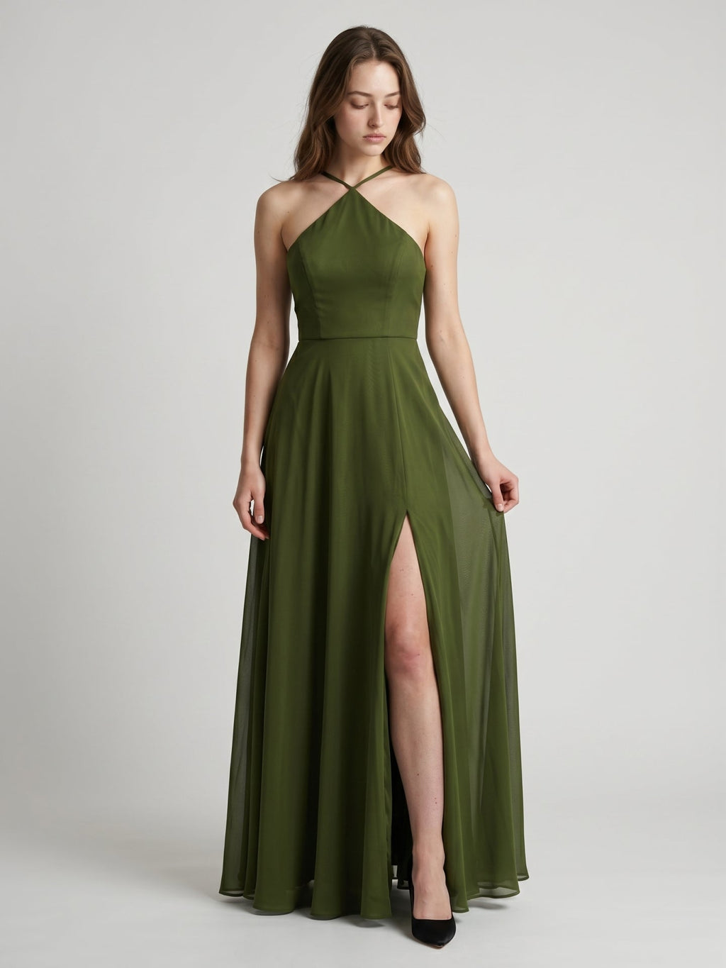 Olive Green Chiffon A-Line Halter Back Zip Floor-Length Bridesmaid Dress - Curvevia