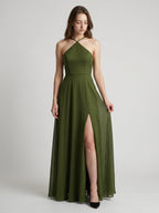 Olive Green Chiffon A-Line Halter Back Zip Floor-Length Bridesmaid Dress - Curvevia