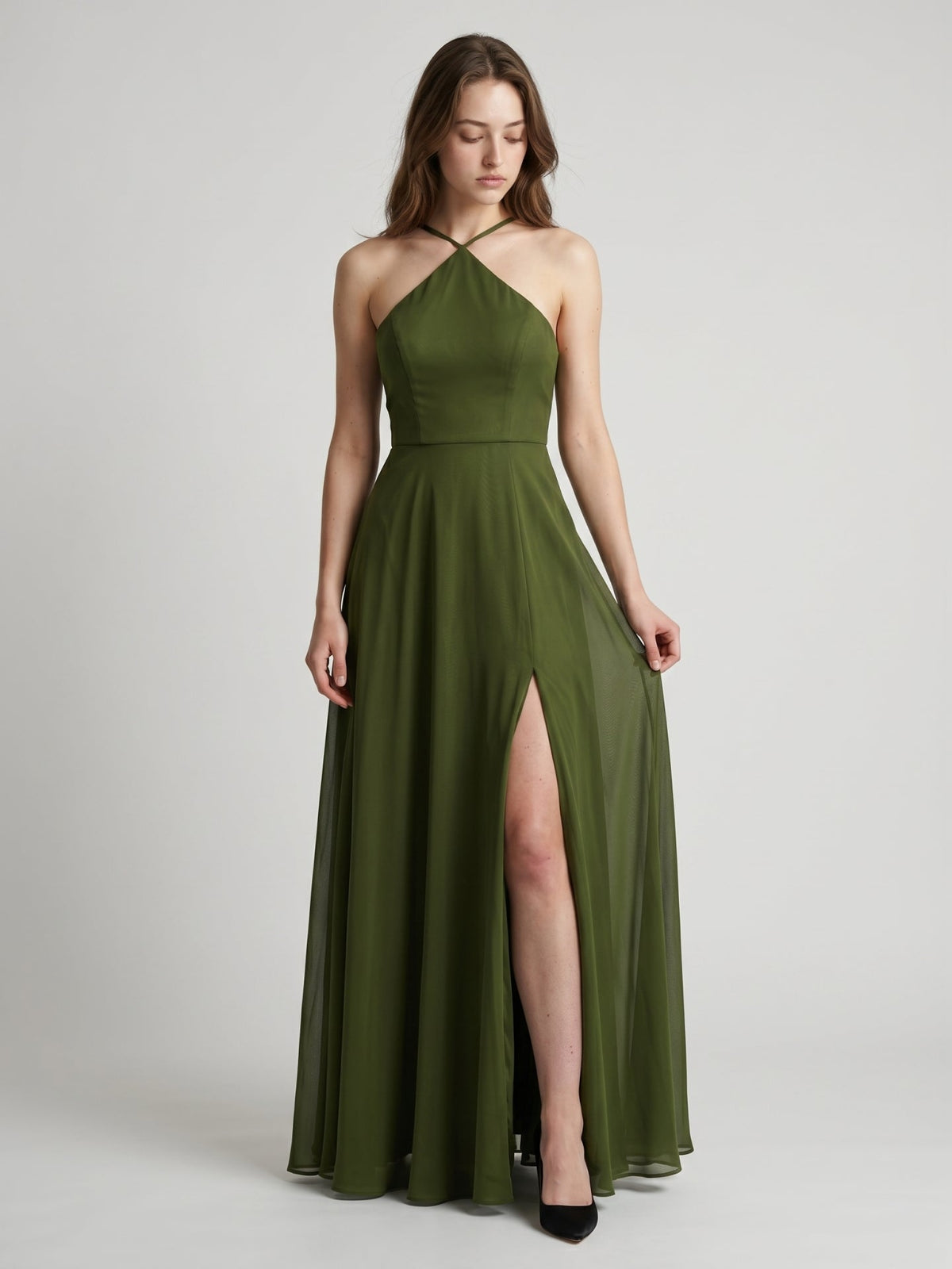 Olive Green Chiffon A-Line Halter Back Zip Floor-Length Bridesmaid Dress - Curvevia
