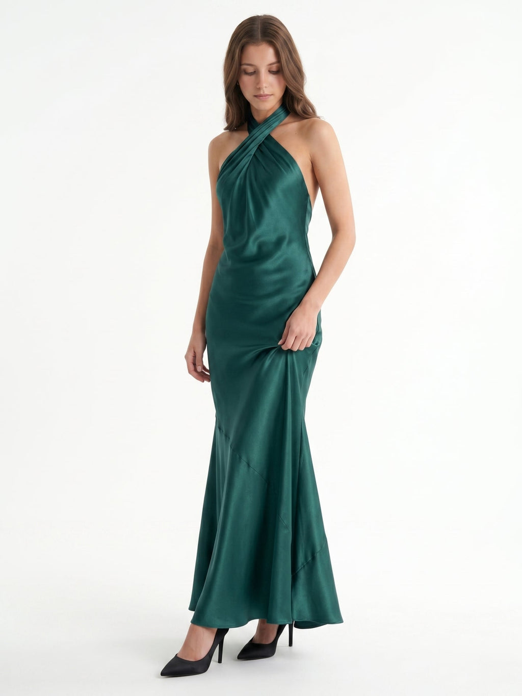 Peacock Satin Sheath Halter Backless Floor-Length Pleated Bridesmaid Dress - Curvevia