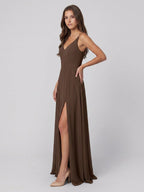 Mocha Chiffon A-Line V-Neck V-Back Floor-Length Bridesmaid Dress - Curvevia