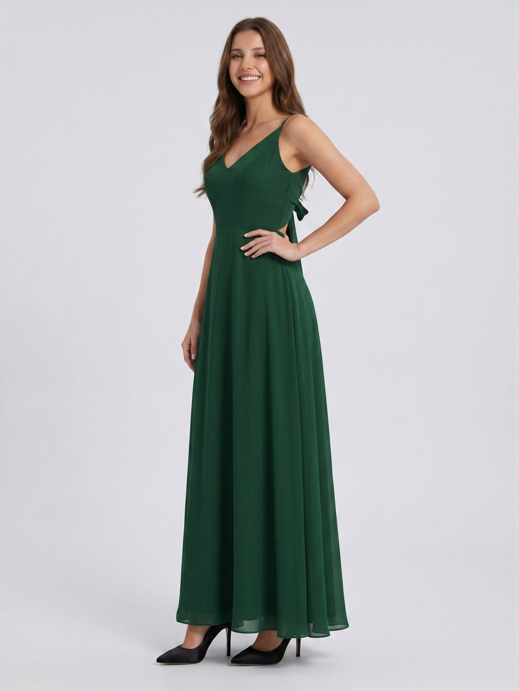 Forest Green Chiffon A-Line V-Neck Bow Back Floor-Length Bridesmaid Dress with Bow - Curvevia
