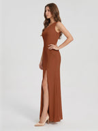 Terracotta Chiffon Column One Shoulder Side Zip Ankle-Length Bridesmaid Dress - Curvevia