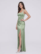 Elegant Dusty Sage Satin A-Line Square Neck Ankle-Length Bridesmaid Dress - Curvevia