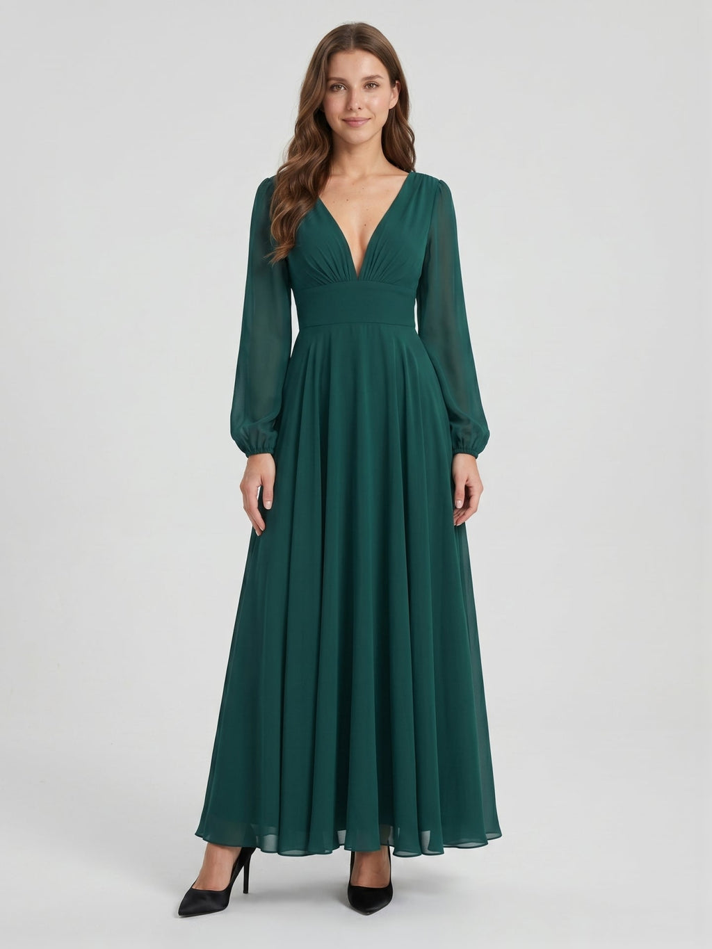 Peacock Chiffon A-Line V-Neck V-Back Floor-Length Bridesmaid Dress - Curvevia