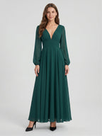 Peacock Chiffon A-Line V-Neck V-Back Floor-Length Bridesmaid Dress - Curvevia