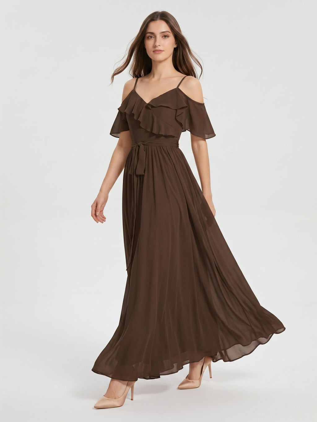 Mocha Chiffon A-Line Off-the-Shoulder V-Back Floor-Length Ruffle Bridesmaid Dress - Curvevia