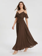 Mocha Chiffon A-Line Off-the-Shoulder V-Back Floor-Length Ruffle Bridesmaid Dress - Curvevia