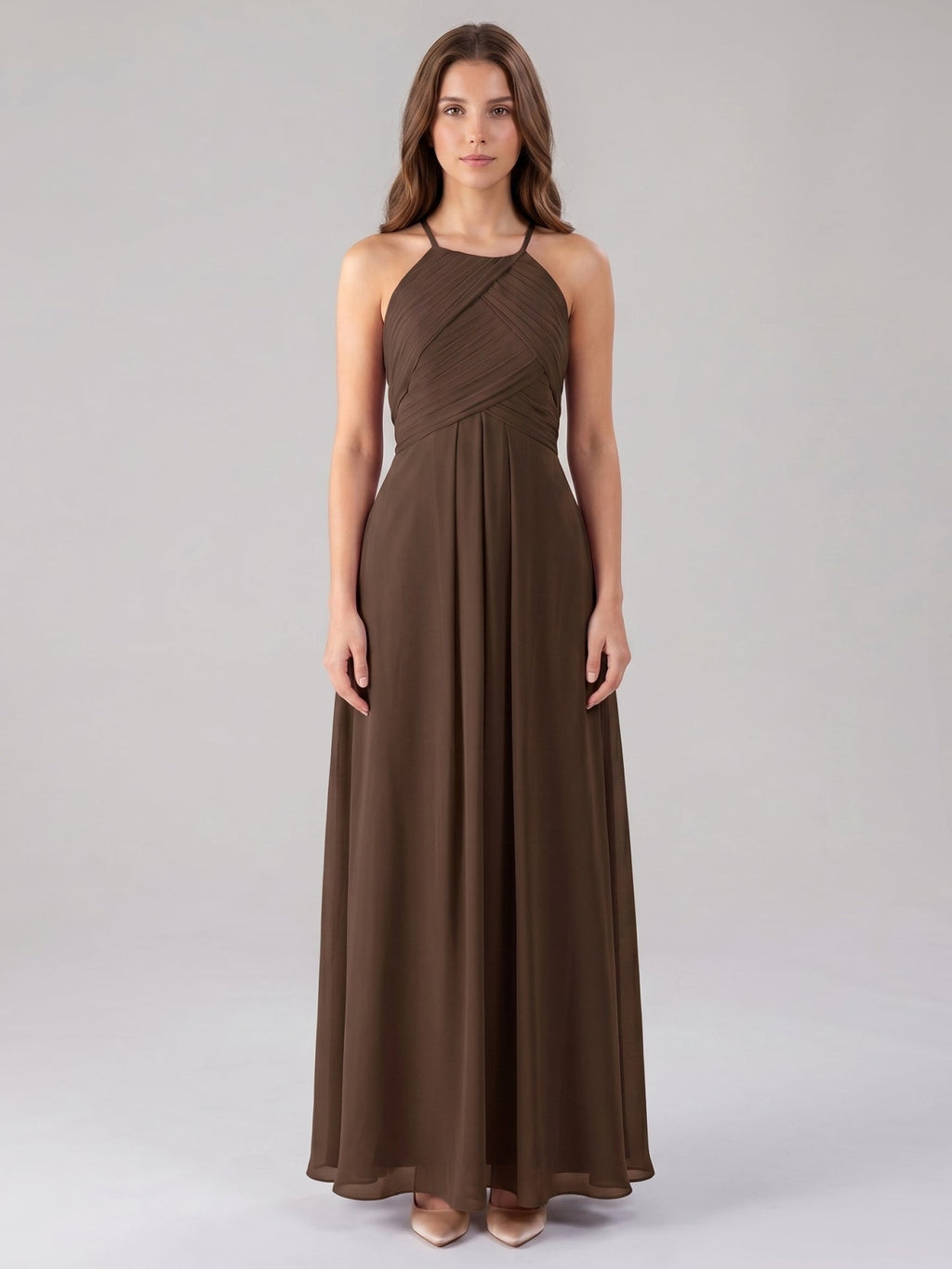 Mocha Chiffon A-Line Halter Keyhole Back Floor-Length Pleated Bridesmaid Dress - Curvevia