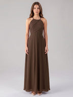 Mocha Chiffon A-Line Halter Keyhole Back Floor-Length Pleated Bridesmaid Dress - Curvevia