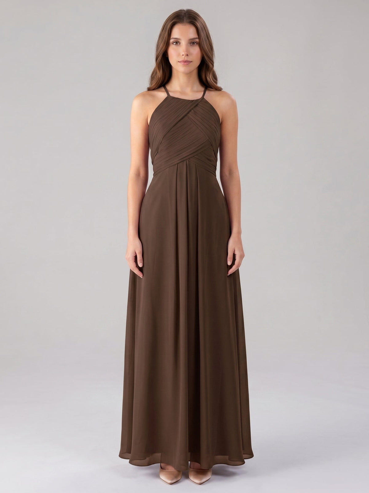Mocha Chiffon A-Line Halter Keyhole Back Floor-Length Pleated Bridesmaid Dress - Curvevia