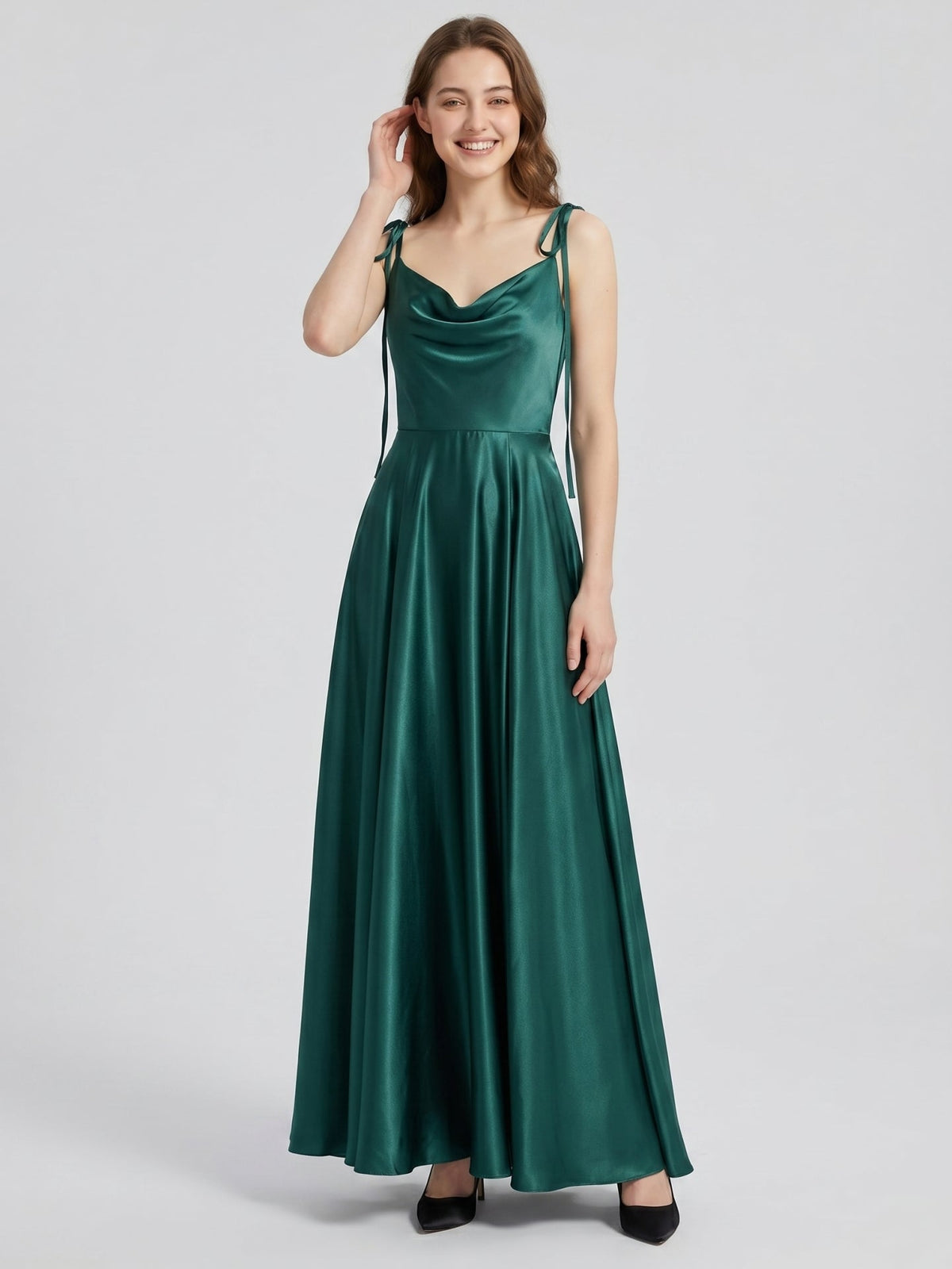 Peacock Satin A-Line Cowl Neck Back Zip Floor-Length Bridesmaid Dress with Bow - Curvevia