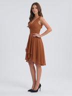 Terracotta Chiffon A-Line V-Neck V-Back Knee-Length Pleated Bridesmaid Dress - Curvevia