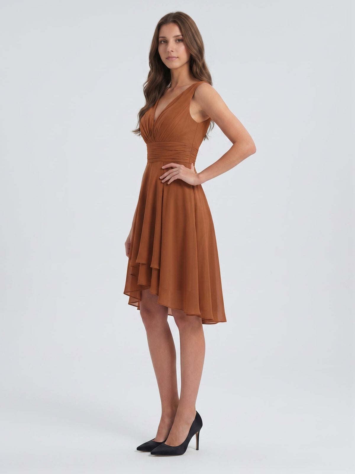 Terracotta Chiffon A-Line V-Neck V-Back Knee-Length Pleated Bridesmaid Dress - Curvevia