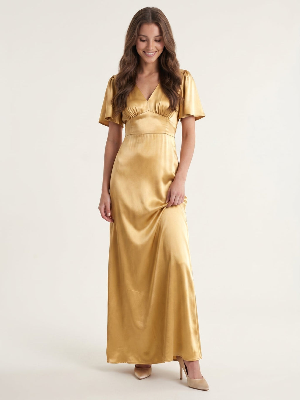 Elegant Gold Satin A-Line V-Neck V-Back Ankle-Length Bridesmaid Dress - Curvevia