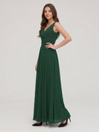 Forest Green Chiffon A-Line V-Neck V-Back Floor-Length Pleated Bridesmaid Dress - Curvevia