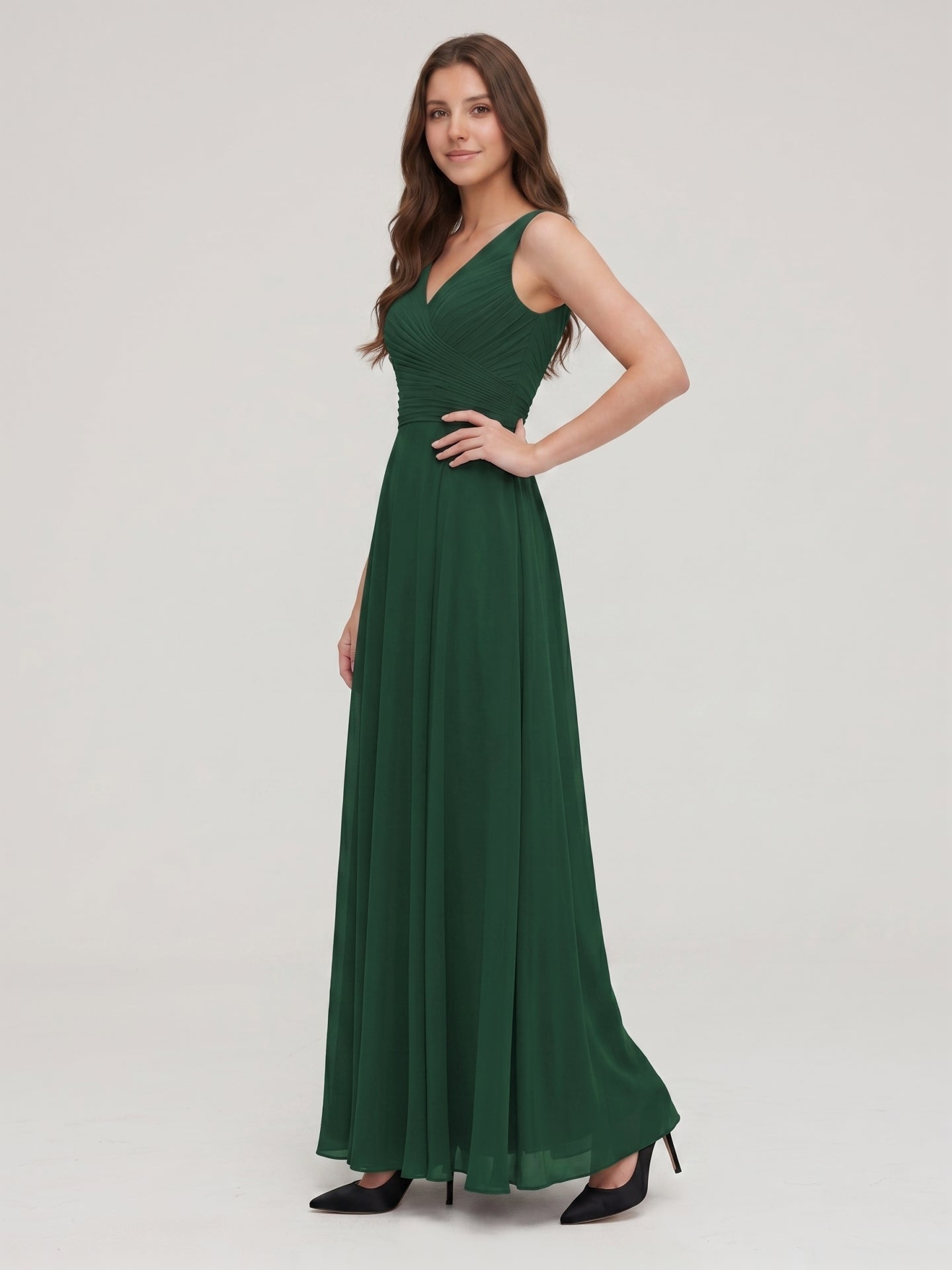 Forest Green Chiffon A-Line V-Neck V-Back Floor-Length Pleated Bridesmaid Dress - Curvevia