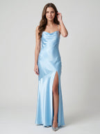 Ethereal Sky Blue Satin Sheath Straight Neck Backless Ankle-Length Bridesmaid Dress - Curvevia